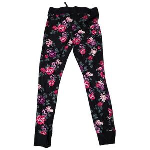 Dream Floral Print Jogger Pants Womens Medium Black Pink Purple Casual (C)